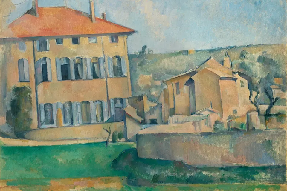 Peinture d'une grande maison de maître aux volets ouverts et de bâtiments de ferme ocre, entourés d'arbres, sous un ciel clair